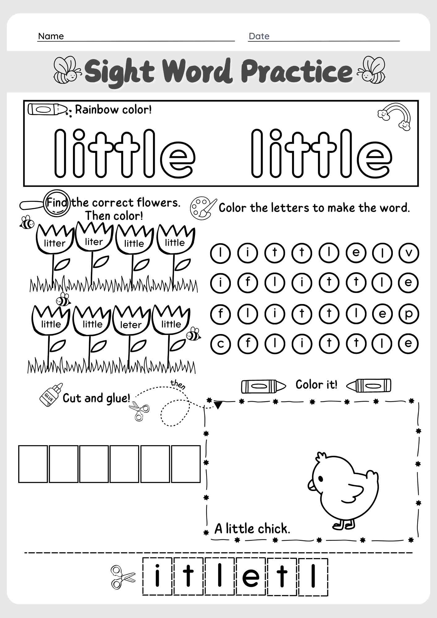 Dolch Sight Word "Little" Worksheet for Pre-Kindergarten PDF Download
